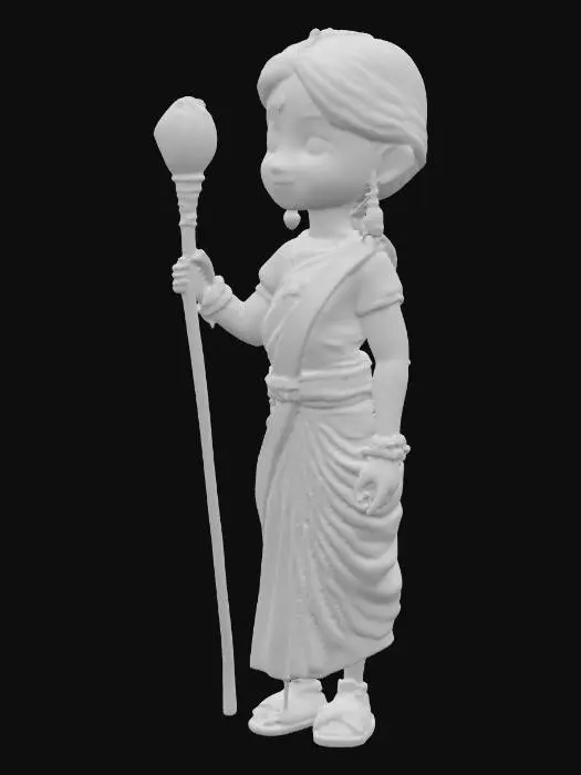 3D model for She is a seemingly lazy, weak, and lonely girl in traditional Indian attire, who, despite her perceived shortcomings, possesses a sharp mind. Her quest is to reach a distant, captivating light, a goal she firmly believes is attainable. She is armed with a magical wooden stick, a seemingly useless object that only glows when sensing danger, its color indicating whether the threat is an enemy or an ally. This versatile stick can transform into anything she desires, aiding her in overcoming obstacles, such as the dangerous yet curious wild animal encountered in the opening scene. Her journey towards the light is a slow and deliberate one, punctuated by cautious stops whenever her magical stick begins to glow, signaling an impending encounter.