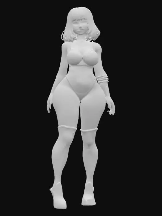 3D model for cell shaded anime girl 30years old big bust big thighs and butt. dark blue and orange latex sci fi clothing. high heels red hair yellow eye color.