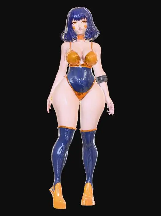 3D model for cell shaded anime girl 30years old big bust big thighs and butt. dark blue and orange latex sci fi clothing. high heels red hair yellow eye color.