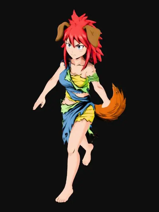 3D model for Une fille demi-humaine de type chien, au style animé manga, se tient en T-pose sur un fond blanc pur (RGB 255,255,255). Ses cheveux roux vifs encadrent un visage expressif, complétés par des oreilles de chien détaillées et une queue touffue. Sa peau claire et lisse contraste avec des haillons texturés mais stylisés aux couleurs vibrantes, avec des déchirures nettes et des ombres plates, le tout dans l'esthétique manga.