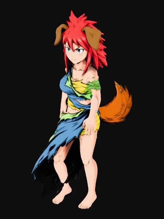 3D model for Une fille demi-humaine de type chien, au style animé manga, se tient en T-pose sur un fond blanc pur (RGB 255,255,255). Ses cheveux roux vifs encadrent un visage expressif, complétés par des oreilles de chien détaillées et une queue touffue. Sa peau claire et lisse contraste avec des haillons texturés mais stylisés aux couleurs vibrantes, avec des déchirures nettes et des ombres plates, le tout dans l'esthétique manga.