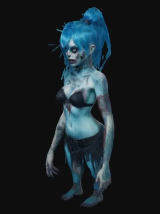3D model for zombie girl , cuerpo entero , pelo azul tatuajes y pendientes