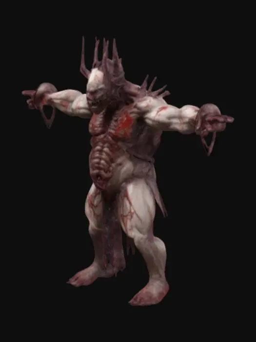 3D model for masterfully crated figurine of a towring necromorph mutant sentinel in attack, corrupted, t pose ,rotten, fierce, bare muscle fibers, extreme details, highest resolution, well lit, dark and spooky, utterly disturbing, blood covered, ritual scars spiral, demonic, unholy aura,