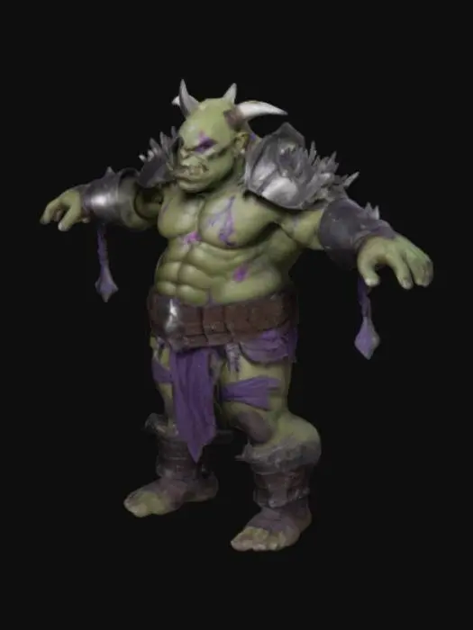 3D model for orco , con armadura , sin armas , ultra detallado , T pose , cicatrizes en el cuerpo , ojos purple