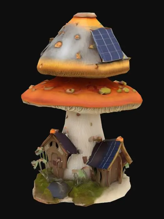 3D model for desenho 3d de um cogumelo com um painel solar enorme, em comparação com o cogumelo, parecendo uma casa num mundo de fantasia. a base deve ser simples
