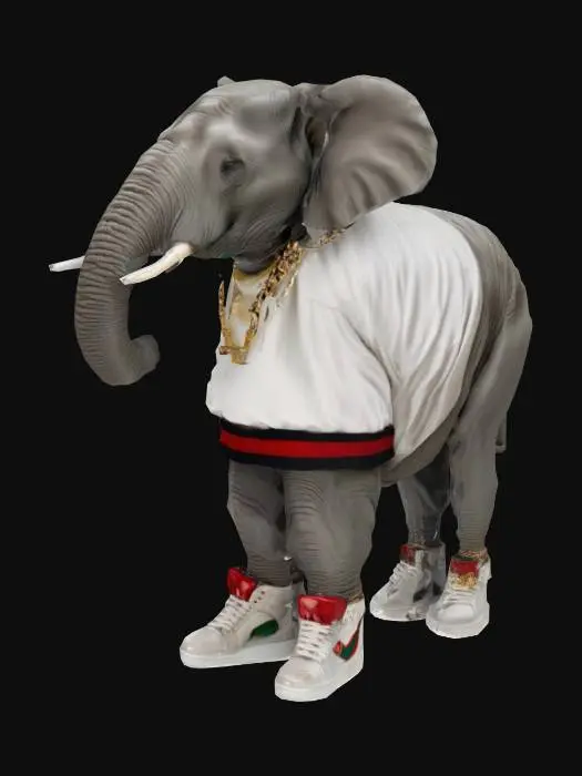 3D model for elephant wearing gucci clothes and michael jordan shoes with a chain and watch stood on two feet ultra realistic 
