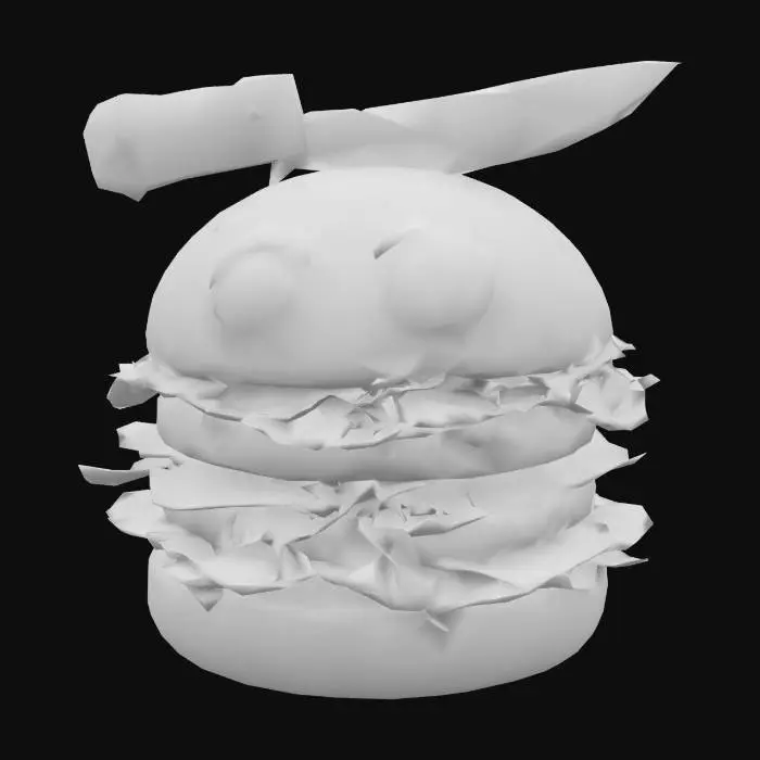 3D model for hamburger with a silly face and a knife on its head splitting it in half