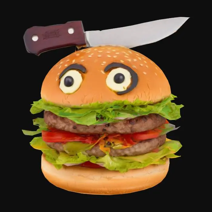 3D model for hamburger with a silly face and a knife on its head splitting it in half