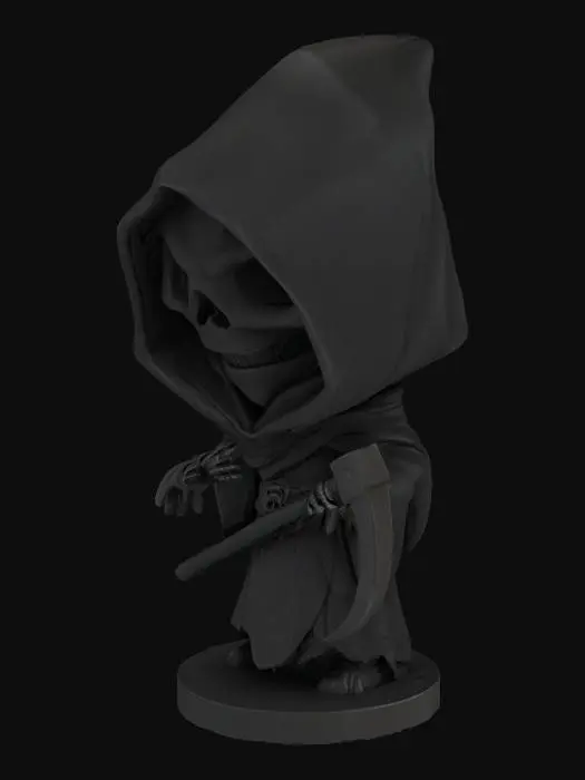 3D model for Generate a single watertight 3D mesh exactly matching this chibi Grim Reaper studio render and printed photos: 1) front/back studio render, 2) side‑view print, 3) back‑view print, 4) angled front print. Preserve the exact stylized proportions: deep, triangular eye sockets under an oversized hood; a broad, even toothy grin (20 triangular teeth); flowing cloak folds over the arms and base; a flat circular 2 mm‑thick base matching the hem. Scythe handle and blade must be fused but fully behind the hood with no intersections. Uniformly scale to 120 mm tall, base at Z=0. Surface must be smooth, resin‑like, retaining sculpt detail. Output a manifold STL plus Bambu A1 slicing: 0.16 mm layer, 3 walls, 15 % gyroid infill, 
