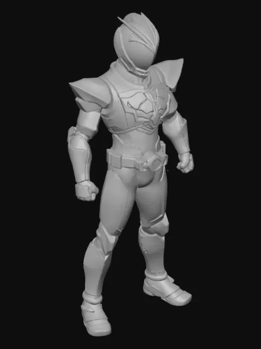 3D model for ```
Full body 3D model of Kamen Rider Cipher, T-pose. Sleek black armor with glowing cyan circuit patterns. Angular helmet with transparent cyan visor showing digital code, compound eyes design. Hexagonal chest armor with glowing cyan core. Sharp shoulder guards, forearm armor with cyan light strips. Black belt with silver tech buckle and USB port glowing cyan at center. Armored legs with cyan accents, black boots with cyan lit soles. Athletic build, matte black carbon fiber texture with glossy cyan LED lights. Clean modern tokusatsu superhero armor. Cyberpunk meets Kamen Rider style, reference Zero-One and Tron Legacy aesthetic.