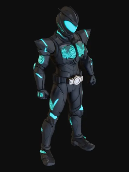 3D model for ```
Full body 3D model of Kamen Rider Cipher, T-pose. Sleek black armor with glowing cyan circuit patterns. Angular helmet with transparent cyan visor showing digital code, compound eyes design. Hexagonal chest armor with glowing cyan core. Sharp shoulder guards, forearm armor with cyan light strips. Black belt with silver tech buckle and USB port glowing cyan at center. Armored legs with cyan accents, black boots with cyan lit soles. Athletic build, matte black carbon fiber texture with glossy cyan LED lights. Clean modern tokusatsu superhero armor. Cyberpunk meets Kamen Rider style, reference Zero-One and Tron Legacy aesthetic.