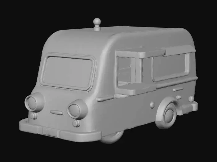 3D model for Sevimli, tombul hatlara sahip bir chibi karavan modeli. Parlak renkli, pürüzsüz ve yuvarlak hatlı bir gövdeye sahip. Yan tarafında geniş, yukarı doğru açılan bir pencere bulunur, bu pencere açıldığında sevimli bir satış tezgahına dönüşür. İçeride minimal, parlak yüzeyli tezgah detayları görülebilir. Kompakt tekerlekleri ve ön kısmındaki minik farları ona oyunbaz bir görünüm verir. Yüzeyi pürüzsüz ve cilalıdır, dokunulduğunda sert ama hoş bir his verir.