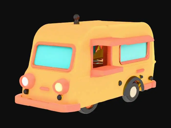 3D model for Sevimli, tombul hatlara sahip bir chibi karavan modeli. Parlak renkli, pürüzsüz ve yuvarlak hatlı bir gövdeye sahip. Yan tarafında geniş, yukarı doğru açılan bir pencere bulunur, bu pencere açıldığında sevimli bir satış tezgahına dönüşür. İçeride minimal, parlak yüzeyli tezgah detayları görülebilir. Kompakt tekerlekleri ve ön kısmındaki minik farları ona oyunbaz bir görünüm verir. Yüzeyi pürüzsüz ve cilalıdır, dokunulduğunda sert ama hoş bir his verir.