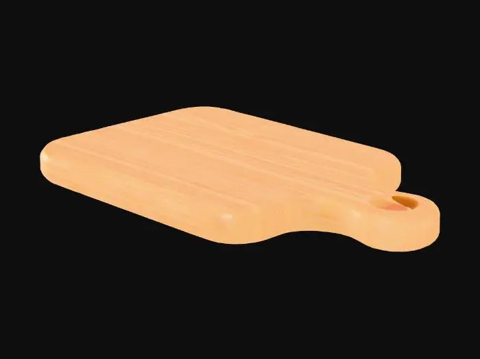 3D model for Sevimli, tombul hatlara sahip bir chibi kesme tahtası modeli. Dikdörtgen şeklinde, ancak tüm köşeleri yumuşatılmış ve yuvarlaklaştırılmıştır. Pürüzsüz, sıcak tonlarda açık kahverengi ahşap dokusuna sahip, belirgin damar detayları basitleştirilmiştir. Bir ucunda yuvarlak, pürüzsüz bir tutma deliği bulunabilir. Kalın ve sağlam yapısıyla dokunulduğunda pürüzsüz ve dolgun bir his verir, diğer chibi objelerle uyumlu, zararsız bir görünüme sahiptir.