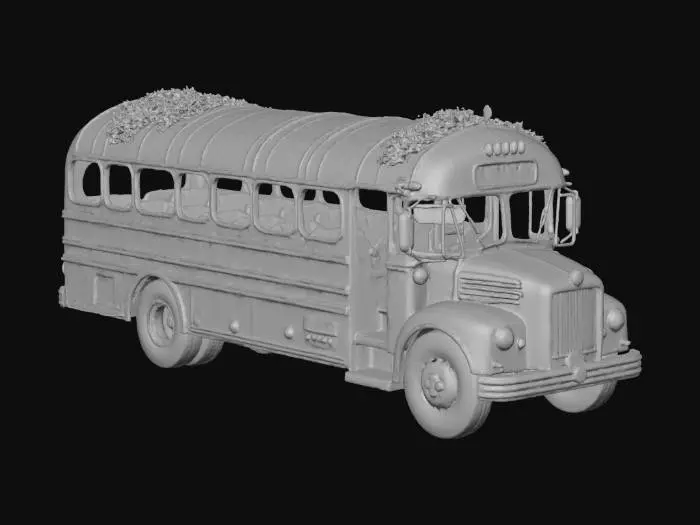 3D model for An abandoned, rusted bus in a dystopian world. Its metallic body is covered in grime and heavy decay, with vibrant, thick vines bursting through its interior and exterior, reclaiming the structure. All tires are deflated and shredded, resting flat on the desolate ground. Every window is completely shattered, revealing empty, dark spaces. The vehicle exudes a sense of forgotten history and environmental reclaim, with a rough, sharp texture from the broken elements.