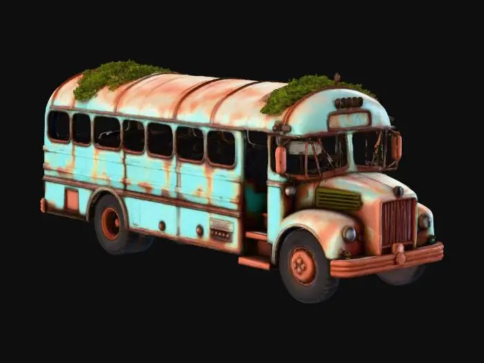 3D model for An abandoned, rusted bus in a dystopian world. Its metallic body is covered in grime and heavy decay, with vibrant, thick vines bursting through its interior and exterior, reclaiming the structure. All tires are deflated and shredded, resting flat on the desolate ground. Every window is completely shattered, revealing empty, dark spaces. The vehicle exudes a sense of forgotten history and environmental reclaim, with a rough, sharp texture from the broken elements.