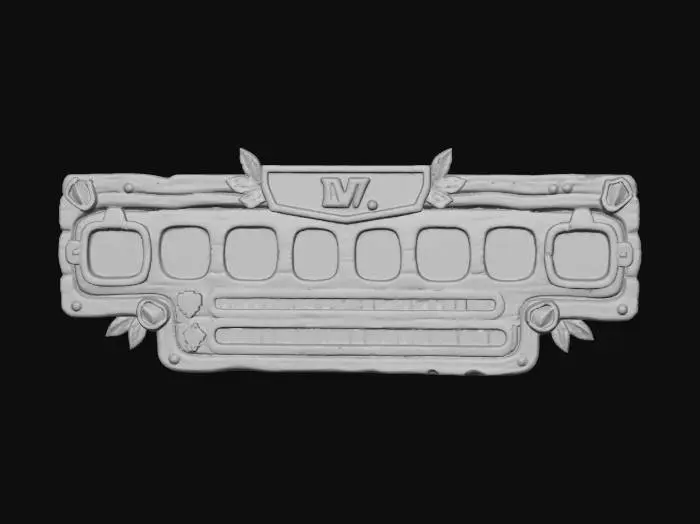 3D model for A rustic 3D RPG user interface, resembling a carved wooden hotbar with subtle depth and texture. It features a central 'LV.' banner, nine rounded rectangular item slots with light beige interiors, and end sections with metallic-edged borders for 'F' and 'E' slots. Segmented red health and brown resource bars, detailed with a pixelated heart and bone icon, are integrated. Small green leaves and dark, shield-like embellishments adorn the warm brown and reddish-brown wooden structure, giving it an earthy, game-like appearance.