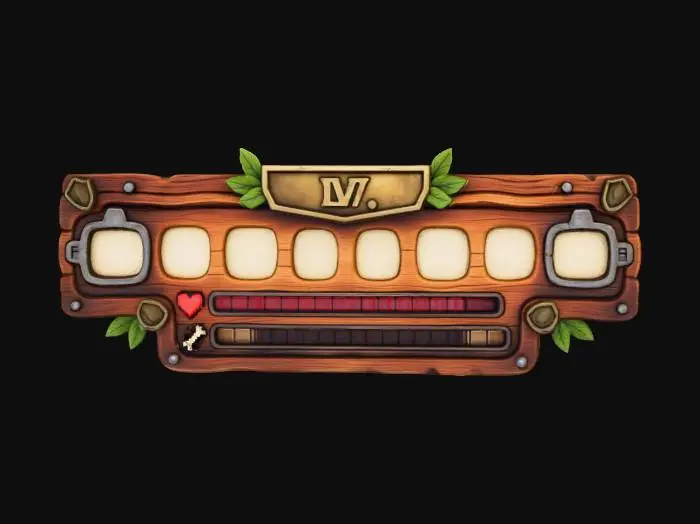 3D model for A rustic 3D RPG user interface, resembling a carved wooden hotbar with subtle depth and texture. It features a central 'LV.' banner, nine rounded rectangular item slots with light beige interiors, and end sections with metallic-edged borders for 'F' and 'E' slots. Segmented red health and brown resource bars, detailed with a pixelated heart and bone icon, are integrated. Small green leaves and dark, shield-like embellishments adorn the warm brown and reddish-brown wooden structure, giving it an earthy, game-like appearance.