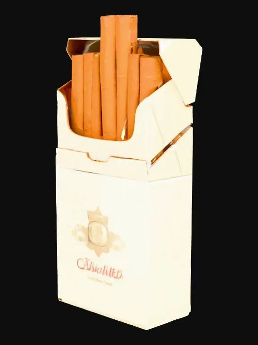 3D model for Aşırı detaylı, dikdörtgen prizma şeklinde bir sigara paketi. Keskin, belirgin kenarlara ve hafif parlak, pürüzsüz karton yüzeye sahip. Paketi saran ince, şeffaf bir selofan ambalaj, dikiş yerlerinde hafif kırışıklıklar gösterir. Ana renk, zengin ve derin bir tonda olup, karmaşık, ince basılmış marka grafikleri hafif kabartmalı bir doku sunar. Üst kısmı belirgin bir çevirmeli kapak mekanizmasıyla açılır ve içindeki sigara bölmelerinin hassas düzenini gösterir. Genel yapısı sağlam ve iyi işlenmiştir.