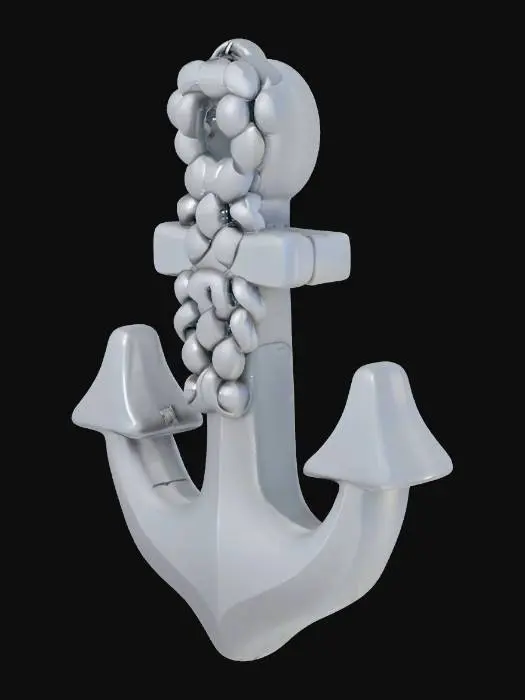 3D model for Chibi tarzında tasarlanmış, sevimli ve tombul hatlara sahip bir çapa modeli. Geleneksel çapa formunu yansıtmasına rağmen, tüm köşeleri yumuşatılmış ve yuvarlaklaştırılmıştır. Metalik gri veya hafifçe parlak gümüş renginde, pürüzsüz ve cilalı bir yüzeye sahiptir. Çapanın kolları ve ucu kalın, yuvarlak bir yapıya sahipken, ona bağlı olan zincir de tıknaz ve basitleştirilmiş halkalardan oluşur. Boyut olarak minyatür ve kompakt, dokunulduğunda pürüzsüz ve sağlam bir his verir, keskin veya tehlikeli bir detayı yoktur.