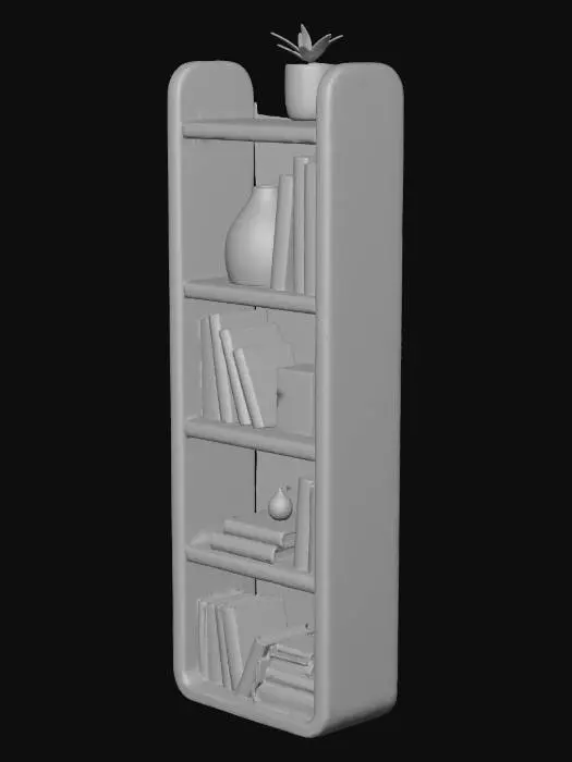 3D model for Sevimli, tombul hatlara sahip, estetik bir chibi kitaplık modeli. Pürüzsüz, pastel renkli ahşaptan yapılmış, tüm kenarları yuvarlak ve yumuşak hatlara sahip. Rafların içinde, chibi tarzına uygun olarak kalın, küçük ve rengarenk kitaplar dağınık ama çekici bir şekilde dizili. Kitapların kapakları parlak, basitleştirilmiş desenlere sahip. Dokunulduğunda pürüzsüz ve sağlam, diğer chibi objelerle uyumlu, oyuncaksı ve neşeli bir görünüme sahiptir.