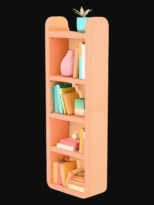 3D model for Sevimli, tombul hatlara sahip, estetik bir chibi kitaplık modeli. Pürüzsüz, pastel renkli ahşaptan yapılmış, tüm kenarları yuvarlak ve yumuşak hatlara sahip. Rafların içinde, chibi tarzına uygun olarak kalın, küçük ve rengarenk kitaplar dağınık ama çekici bir şekilde dizili. Kitapların kapakları parlak, basitleştirilmiş desenlere sahip. Dokunulduğunda pürüzsüz ve sağlam, diğer chibi objelerle uyumlu, oyuncaksı ve neşeli bir görünüme sahiptir.
