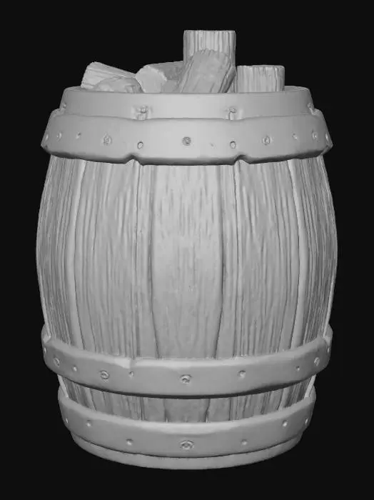 3D model for A charming, low-poly chibi barrel filled with wood. The barrel itself is made of simplified, chunky polygons, rendered in a warm, rustic brown with subtle wood grain facets. Its rounded, squat form maintains the cute chibi aesthetic. Inside, several low-poly logs are stacked, appearing as simplified, cylindrical shapes with visible wood texture. The surface of both the barrel and wood is matte and slightly textured, feeling solid and robust to the touch.