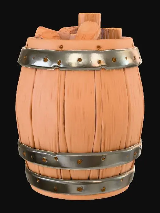 3D model for A charming, low-poly chibi barrel filled with wood. The barrel itself is made of simplified, chunky polygons, rendered in a warm, rustic brown with subtle wood grain facets. Its rounded, squat form maintains the cute chibi aesthetic. Inside, several low-poly logs are stacked, appearing as simplified, cylindrical shapes with visible wood texture. The surface of both the barrel and wood is matte and slightly textured, feeling solid and robust to the touch.