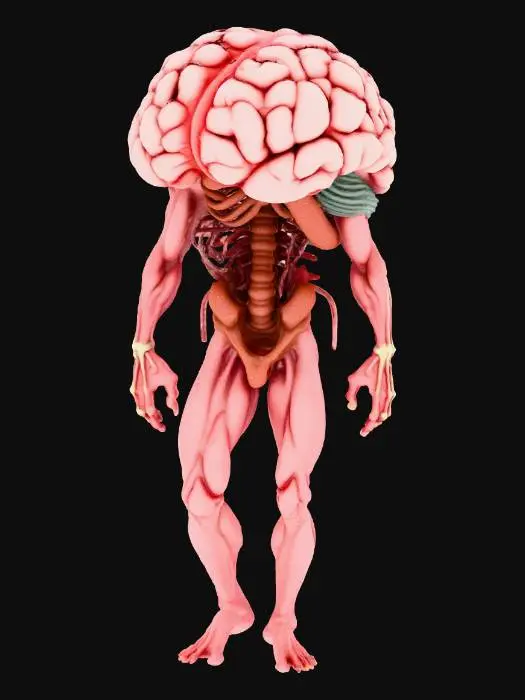 3D model for Son derece gerçekçi, kanlı damarları belirgin ve ince sinir ağlarıyla kaplı bir beyin, dört adet etli, kaslı ve hafifçe kıvrık ayak üzerinde duruyor. Beynin gri madde dokusu ve derin girintileri, üzerindeki k a n lekelenmeleriyle birlikte ürkütücü derecede detaylı. Ayaklar, beynin altından uzanarak ona garip bir hareketlilik ve tuhaf bir yaşam formu kazandırıyor. Görüntü, rahatsız edici ve bilim kurgu unsurları taşıyan, derinden düşündürücü bir kompozisyon sunuyor.