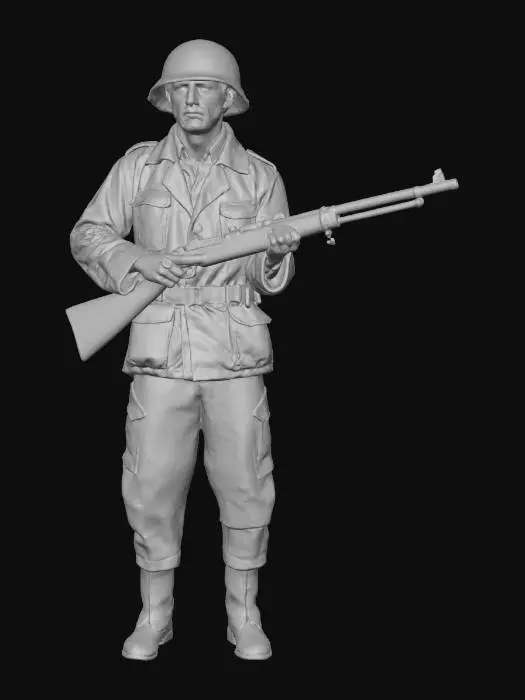 3D model for A weary World War I infantryman stands amidst the desolate, war-torn landscape, his face streaked with dirt and exhaustion. He clutches a bayonet-tipped rifle, its stock worn from countless battles. His helmet is visibly cracked and dented, a testament to the brutal fighting he has endured. His uniform, tattered and mud-stained, hangs loosely on his gaunt frame, conveying the immense toll of the war. The atmosphere is somber and heavy, reflecting the grim reality of the trenches.