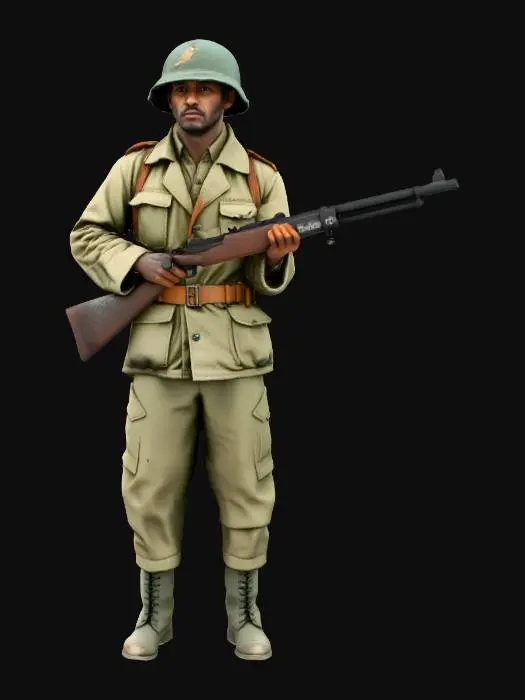 3D model for A weary World War I infantryman stands amidst the desolate, war-torn landscape, his face streaked with dirt and exhaustion. He clutches a bayonet-tipped rifle, its stock worn from countless battles. His helmet is visibly cracked and dented, a testament to the brutal fighting he has endured. His uniform, tattered and mud-stained, hangs loosely on his gaunt frame, conveying the immense toll of the war. The atmosphere is somber and heavy, reflecting the grim reality of the trenches.