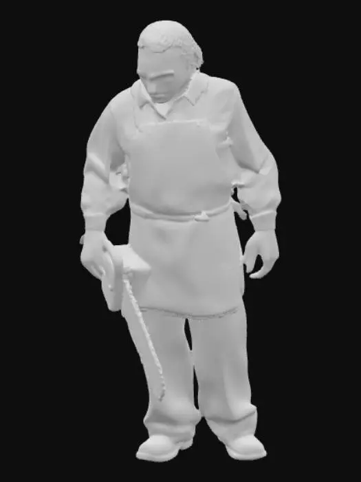 3D model for Leatherface, a hulking figure from the 1974 franchise, stands in a menacing posture, clutching a large, well-worn chainsaw. His face is obscured by a ghastly, crudely stitched mask of human skin, its surface appearing dry and taut with uneven coloration. He wears a blood-stained, coarse apron over a dirty, dark long-sleeved shirt and trousers. The chainsaw is old and heavy, with a dull metallic body, a wooden handle worn smooth from use, and a long, sharpened chain, conveying a dangerous, industrial texture. His stance is wide and low, suggesting readiness to strike.