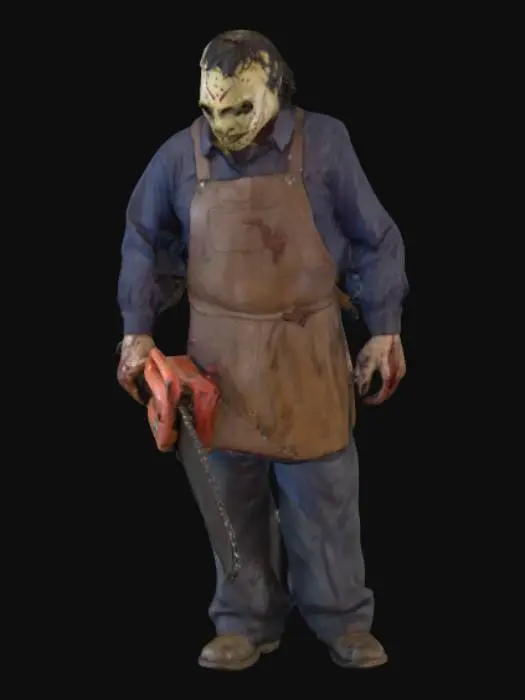 3D model for Leatherface, a hulking figure from the 1974 franchise, stands in a menacing posture, clutching a large, well-worn chainsaw. His face is obscured by a ghastly, crudely stitched mask of human skin, its surface appearing dry and taut with uneven coloration. He wears a blood-stained, coarse apron over a dirty, dark long-sleeved shirt and trousers. The chainsaw is old and heavy, with a dull metallic body, a wooden handle worn smooth from use, and a long, sharpened chain, conveying a dangerous, industrial texture. His stance is wide and low, suggesting readiness to strike.