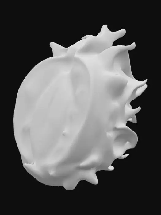 3D model for 3D model of a sliced-open dragon fruit, showing white flesh with black seeds, pink outer skin with green scales, clean geometry, stylized, smooth, fantasy-like, no extra background