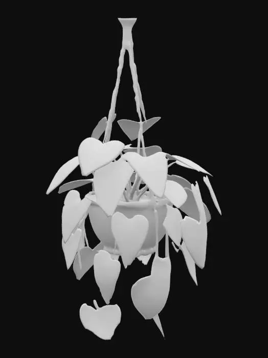 3D model for hanging plant, The object features heart-shaped, glossy green leaves with variegated patterns and a smooth texture.