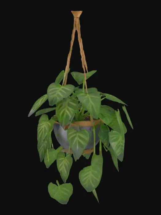 3D model for hanging plant, The object features heart-shaped, glossy green leaves with variegated patterns and a smooth texture.