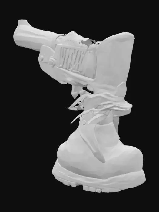 3D model for create a gun made out of a long shoe and the bullet shoots out of the tip and the hole where you put your foot twists into a handle  in a gritty style  