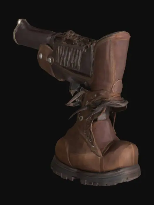 3D model for create a gun made out of a long shoe and the bullet shoots out of the tip and the hole where you put your foot twists into a handle  in a gritty style  