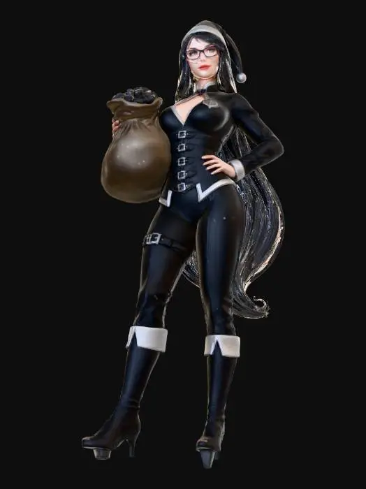 3D model for #Christmas2025#, #Christmas2025#Imagine the beautiful and breathtaking Cobra Baroness as Santa's helper. Her hair is long, sraigt and black. She wears glasses and black Christmas elf outfit with the badge of the Cobras on it. She gives you coal, beacause you were naughty. Full body image.