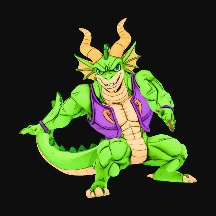 3D model for Imagine a cute but huge and mascular green dragon cub with yellow horns. He  loves to eat a lot. Make the character look like a sidekick from Jojo's Bizarre Adventure