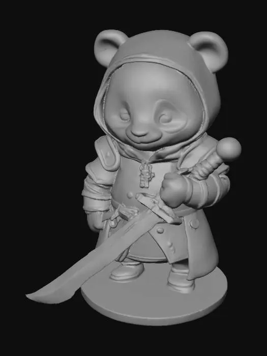 3D model for Um panda de armadura segurando uma espada que está apoiada no chão. O panda e a armadura tem poucos detalhes. Ele está numa base.