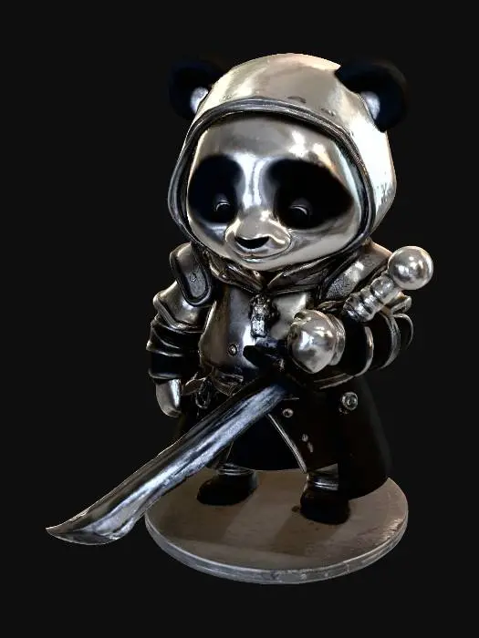 3D model for Um panda de armadura segurando uma espada que está apoiada no chão. O panda e a armadura tem poucos detalhes. Ele está numa base.