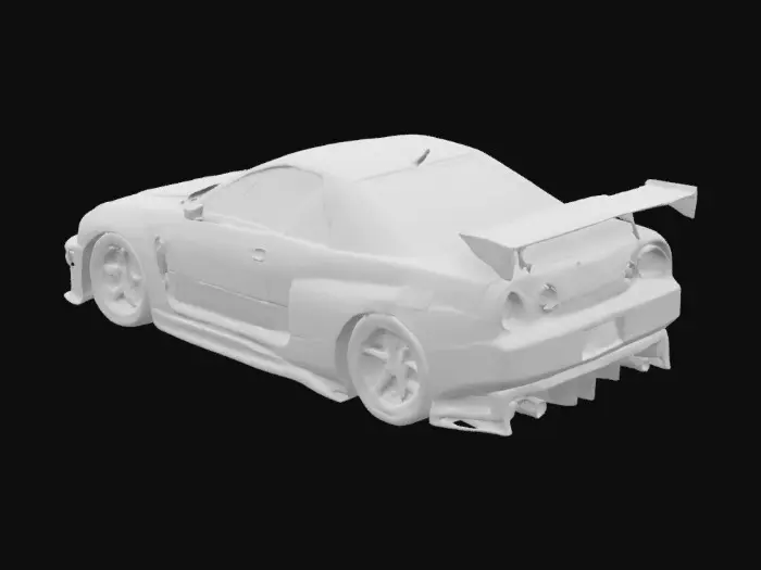 3D model for Nissan Skyline gtr r34 in cool und matt rot mit einem Auto kefich im Auto und Nitrolack Flaschen die man durch die hindere Scheibe si