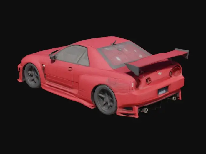 3D model for Nissan Skyline gtr r34 in cool und matt rot mit einem Auto kefich im Auto und Nitrolack Flaschen die man durch die hindere Scheibe si