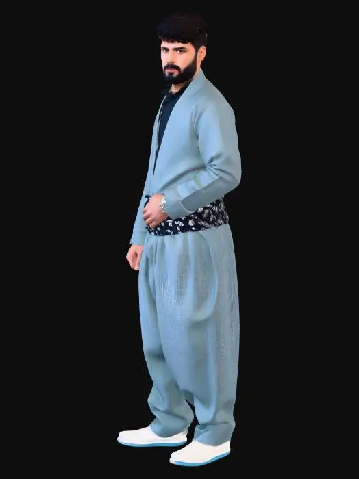 3D model for Blue Shalwar Kameez with Floral Waist Belt