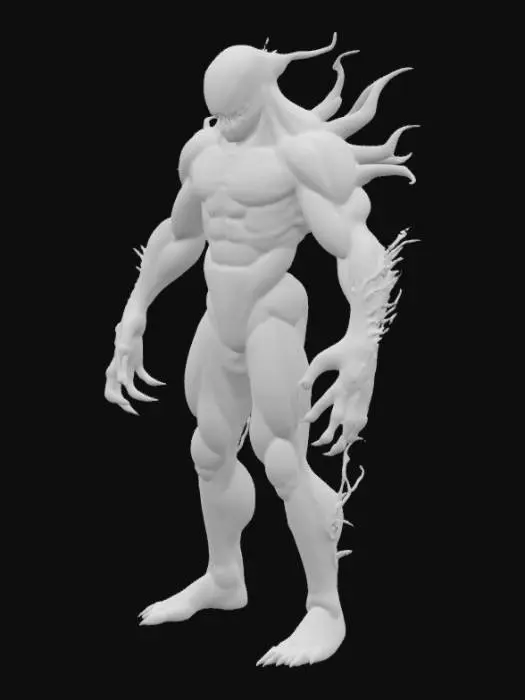 3D model for The object is a dynamic, humanoid figure with elongated, sharp appendages, a muscular form, and a dark red, textured surface resembling sinew and tendrils., Organic, Ultra Realistic. Draw inspiration from carnage from venom comics
