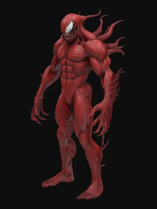 3D model for The object is a dynamic, humanoid figure with elongated, sharp appendages, a muscular form, and a dark red, textured surface resembling sinew and tendrils., Organic, Ultra Realistic. Draw inspiration from carnage from venom comics