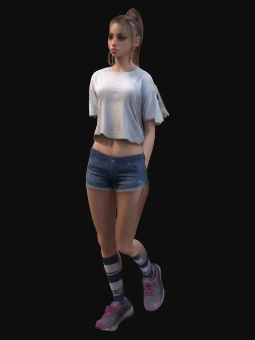3D model for  Young woman, pretty, skimpy t-shirt, skimpy shorts, trainers, socks, ultra detailed body, high detailed face, high definition, defined eyes, hard edges, angular, sharp, defined, ponytail hair