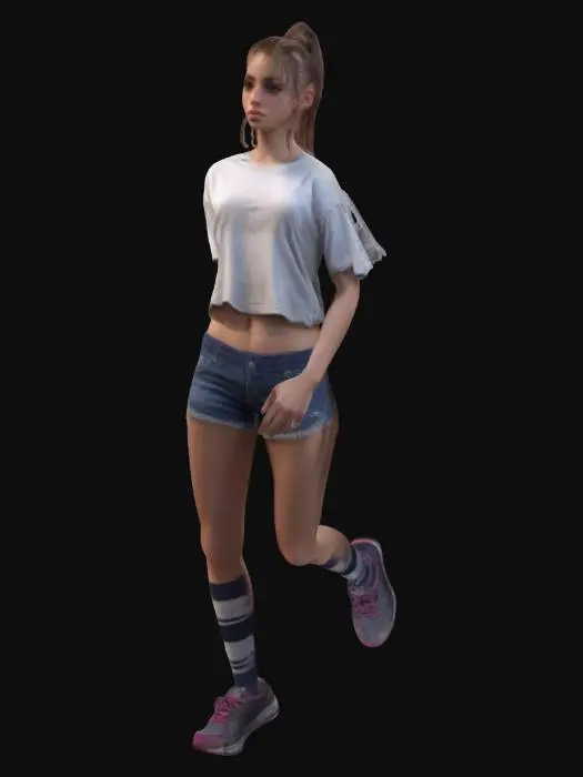 3D model for  Young woman, pretty, skimpy t-shirt, skimpy shorts, trainers, socks, ultra detailed body, high detailed face, high definition, defined eyes, hard edges, angular, sharp, defined, ponytail hair