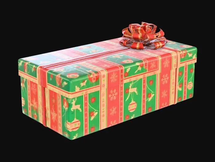 3D model for Crea una confezione natalizia scatola con coperchio , disegnata con disegni natalizzi scatola rettangolare altezza 20 cmm lunghezza 80 cmm larghezza 30 cm confiocco su un angolo del coperchio